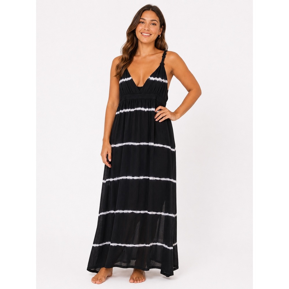 Lucky Brand Black White Tie Dye Stripe Pima Cotton Modal Maxi Dress Small